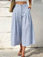 Pantalones de mujer de pierna ancha, holgados, de algodón y lino, de talle alto y corte informal a rayas.