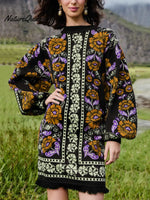 Women's Retro Floral Ethnic Print Stand Collar Long Sleeve Casual Loose Knit Dress