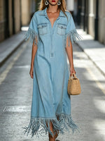 Women's Retro Lapel Denim Short Sleeve Art Casual Maxi Dress