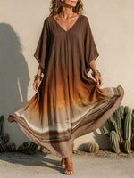 Gradient Color-block Horizontal Stripe Batwing Sleeve V-neck Kaftan Dress