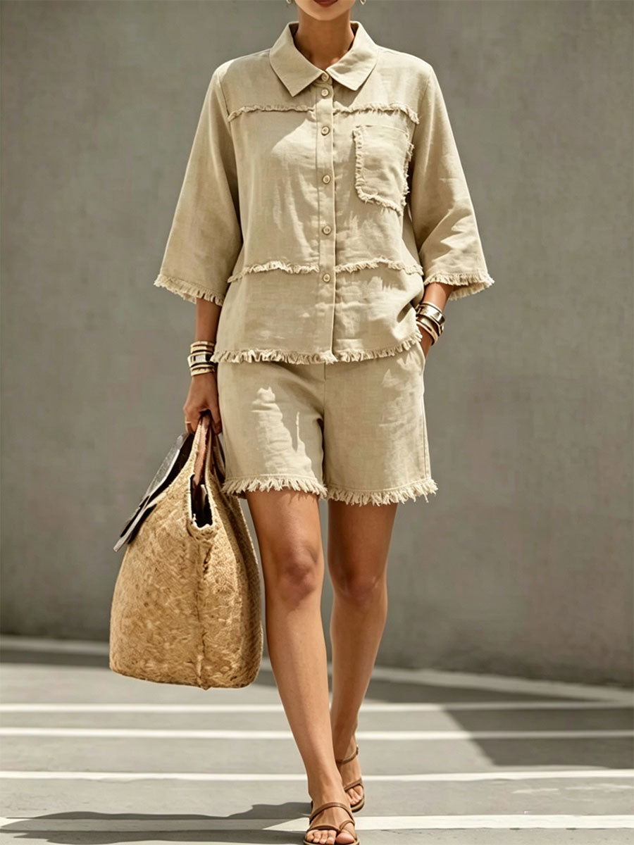 Women's Solid Color Casual Raw-edge Patchwork Shirt And Shorts Set