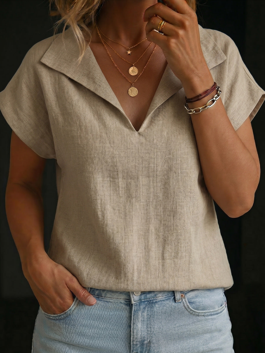 Women's Lapel Collar Short-sleeve Cotton-linen Top