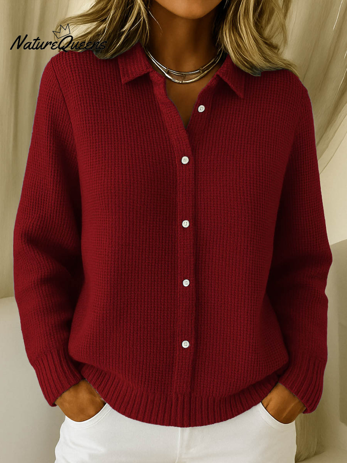 Women's Solid Color Shirt Collar Long Sleeve Waffle Knit Cardigan