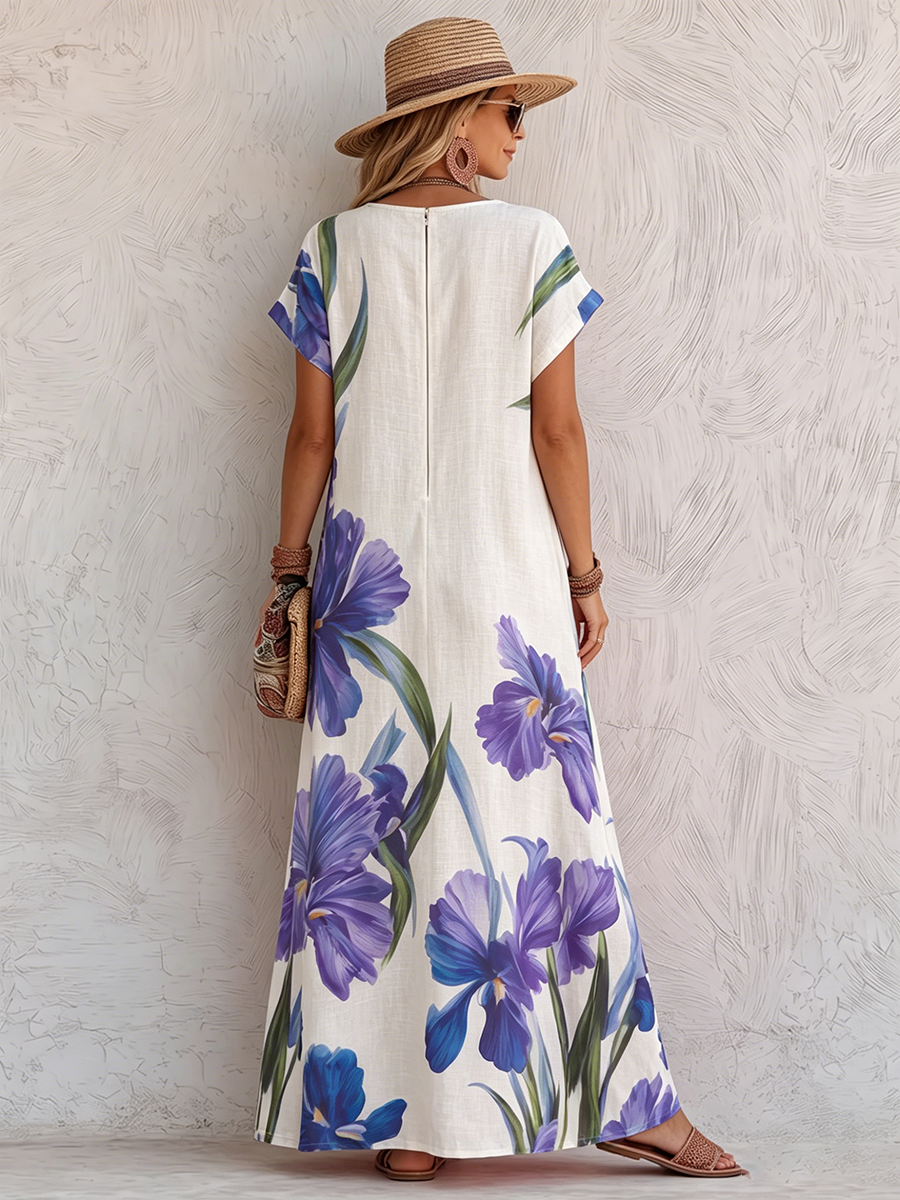Vestido de vacaciones de algodón y lino con estampado artístico de acuarela de iris.