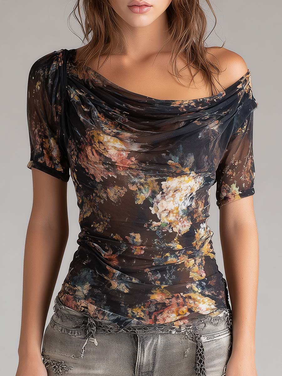 Bohemian Cowl-neck Stretch Mesh Top With Artistic Print