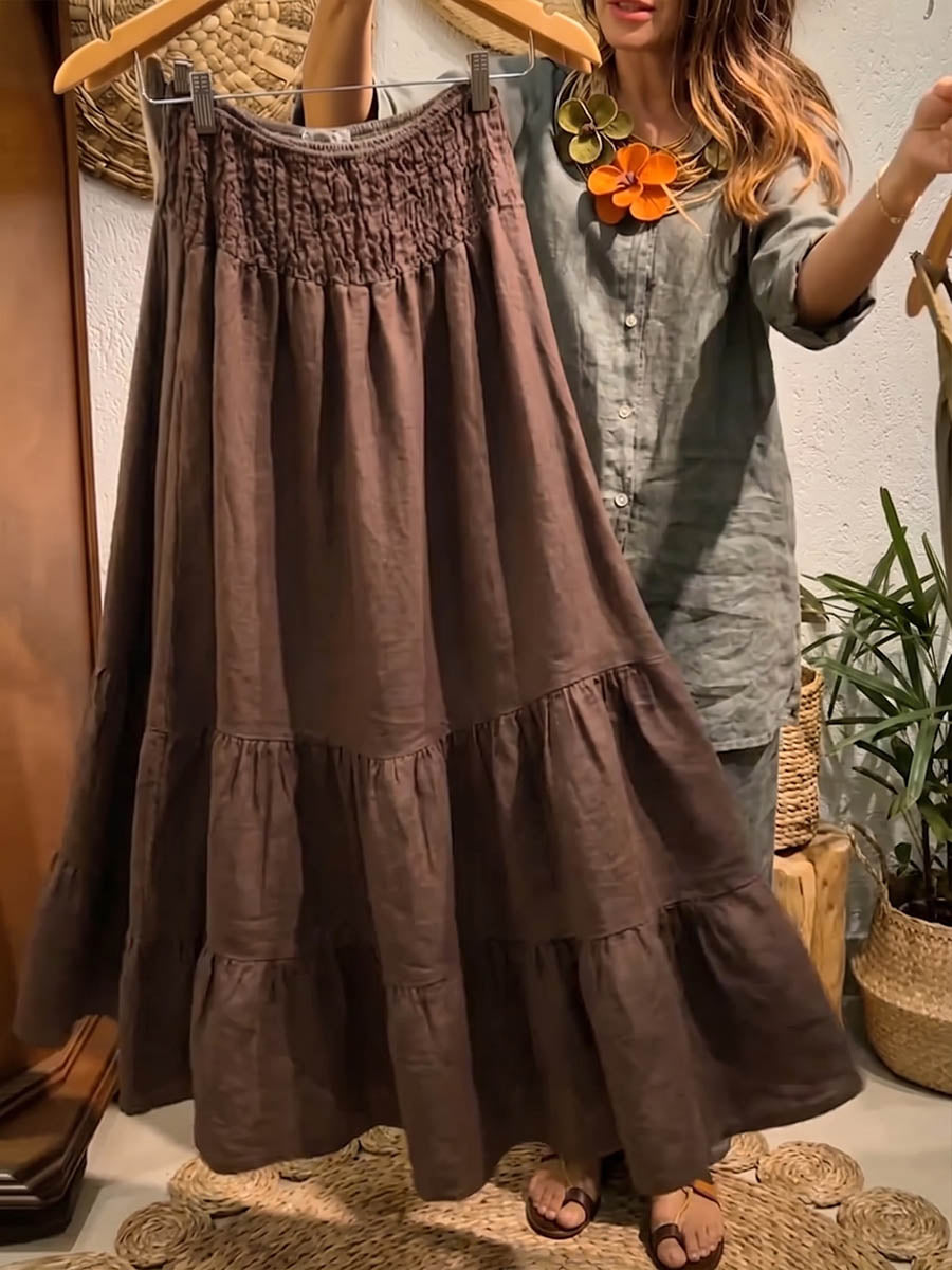 Women's Solid-color High-waisted A-line Cotton-linen Skirt