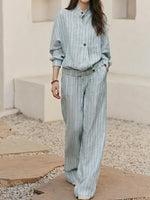 Striped Linen-cotton Rerlaxed Shirt & Wide-leg Pants Setstriped Linen-cotton Relaxed Shirt & Wide-leg Pants Set – Minimal Stand Collar Lounge Suit