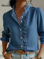 Elegant Lace-collared Denim Shirt Top