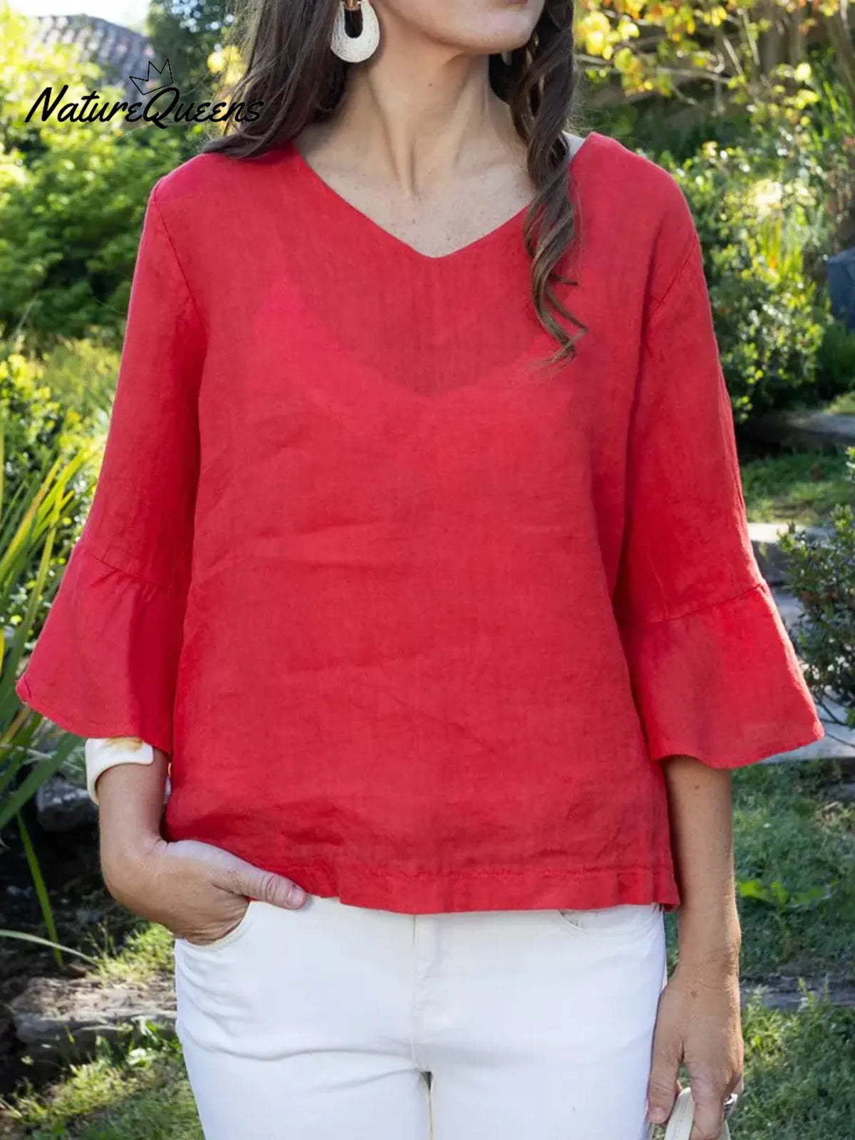 Women's Solid Color V-neck Three-quarter Length Ruffled Sleeve Casual Loose Cotton And Linen Top