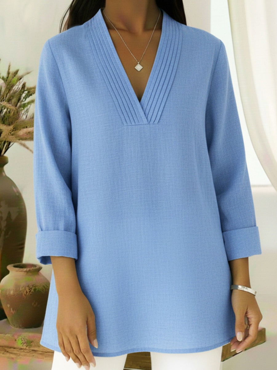 Elegant Pleated V-neck A-line Linen Top