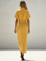 Elegant Lapel-collar Pleated Midi Dress