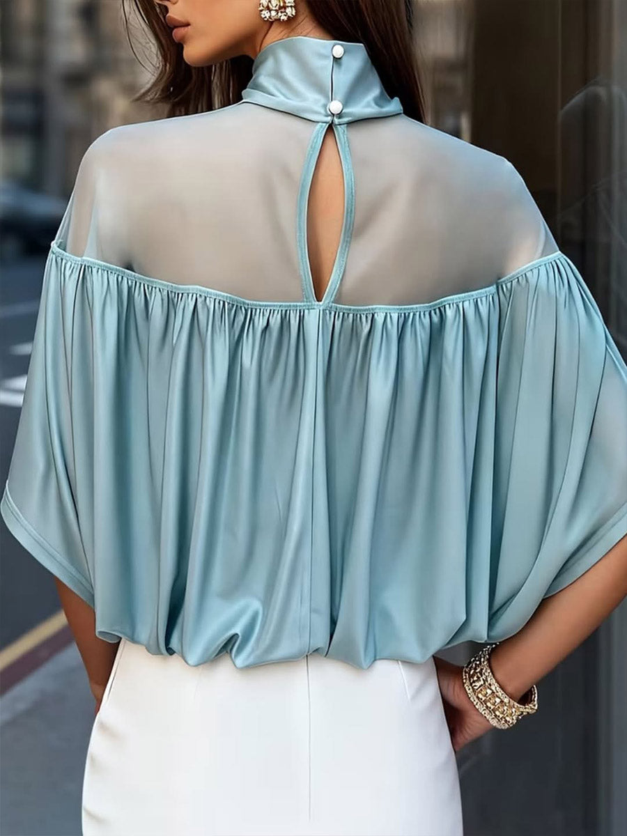 Women's Solid-color Stand-collar 3/4-sleeve Casual Loose Chiffon Top