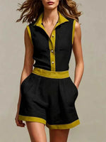 Women's Solid-color Button-front Cardigan & Striped Cotton-linen Casual Two-piece Set