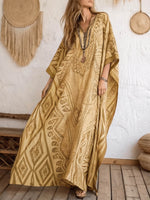 Women's Retro Geometric Print V-neck 3/4-sleeve Casual Loose Cotton-linen Dress
