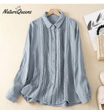 Women's Patchwork Lace Trim Linen And Cotton Pleated Shirt