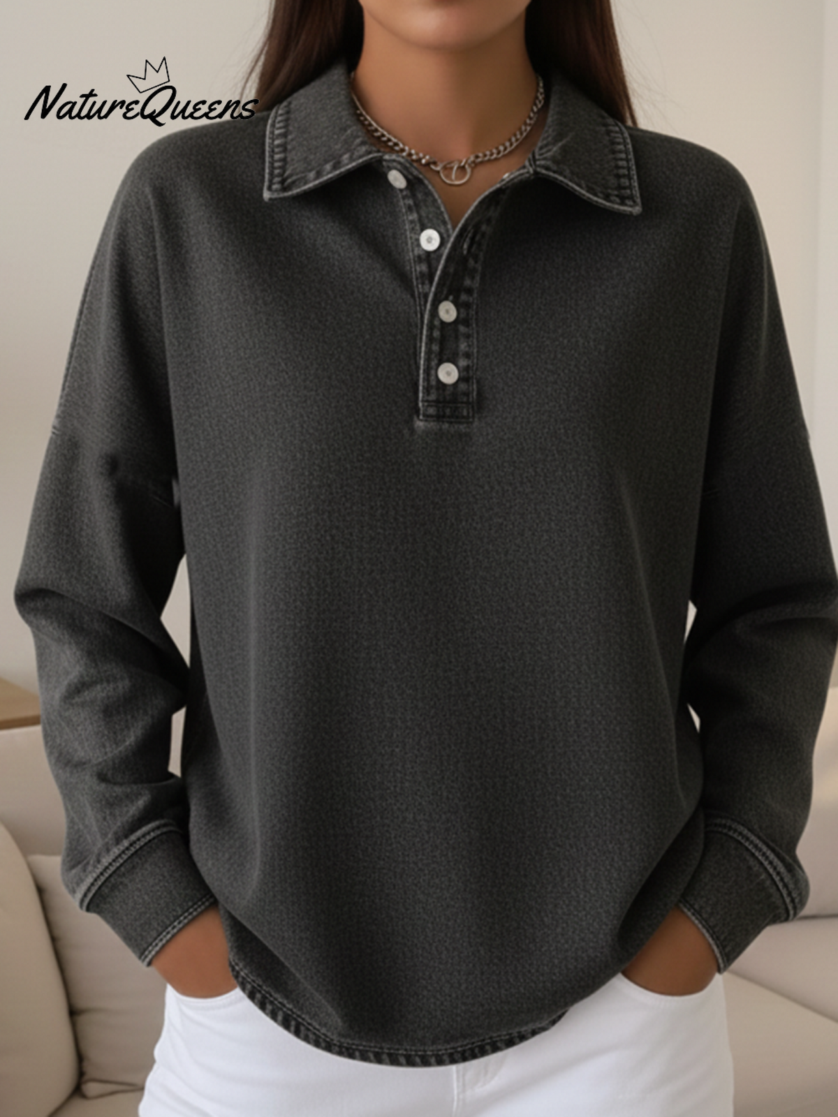 Casual Loose-fitting Polo Button-up Denim Sweatshirt