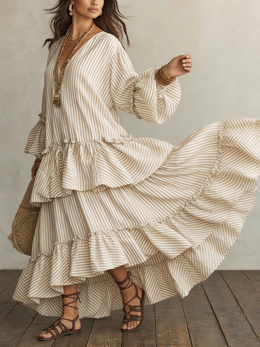 Retro Striped Print Tiered Ruffle Maxi Dress