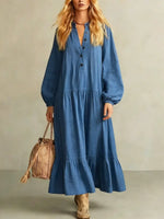 Women's Solid Color Long Sleeve Button Art Casual Stylish Cotton Linen Dress