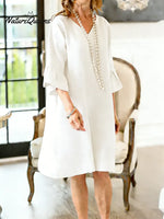 Women's Solid Color V-neck Three-quarter Sleeve Casual Loose Cotton And Linen Dress