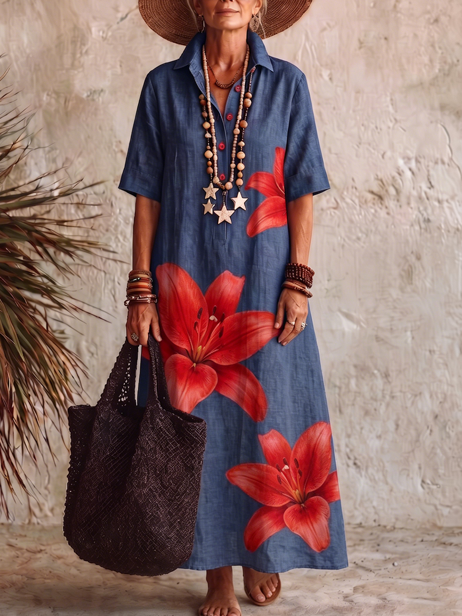 Casual Artistic Lily-print Cotton Polo Dress
