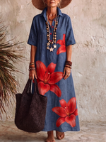 Casual Artistic Lily-print Cotton Polo Dress
