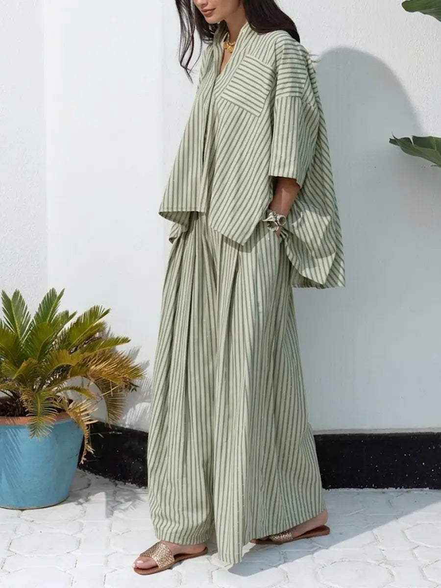 Women's Fresh And Relaxed Striped Linen Set