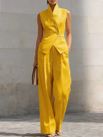 Women's Stand-up Collar Sleeveless Casual Loose Top And High-waisted Casual Loose Wide-leg Pants Cotton Set