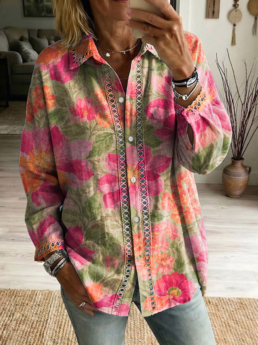 Floral Flowers Art Patterns Casual Patchwork Openwork Webbing Linen And Cotton Shirt