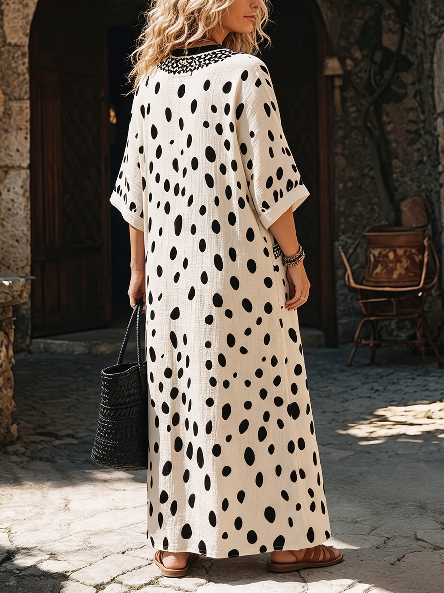 Breathable Cozy Polka-dot Cotton-linen Boho Dress