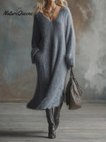 Women's Solid Color V-Neck Casual Loose Knit Dress