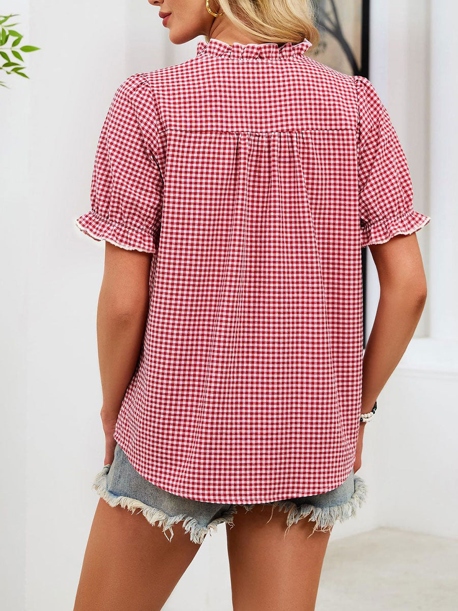 Women's Ruffled Stand Collar Plaid Short-sleeve Shirt