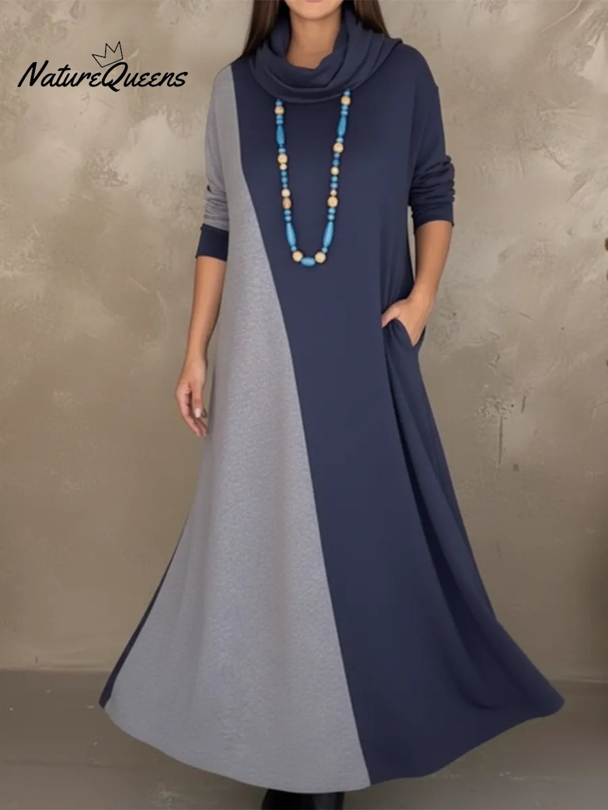 Retro Cowl Collar Color Block Knit Dress