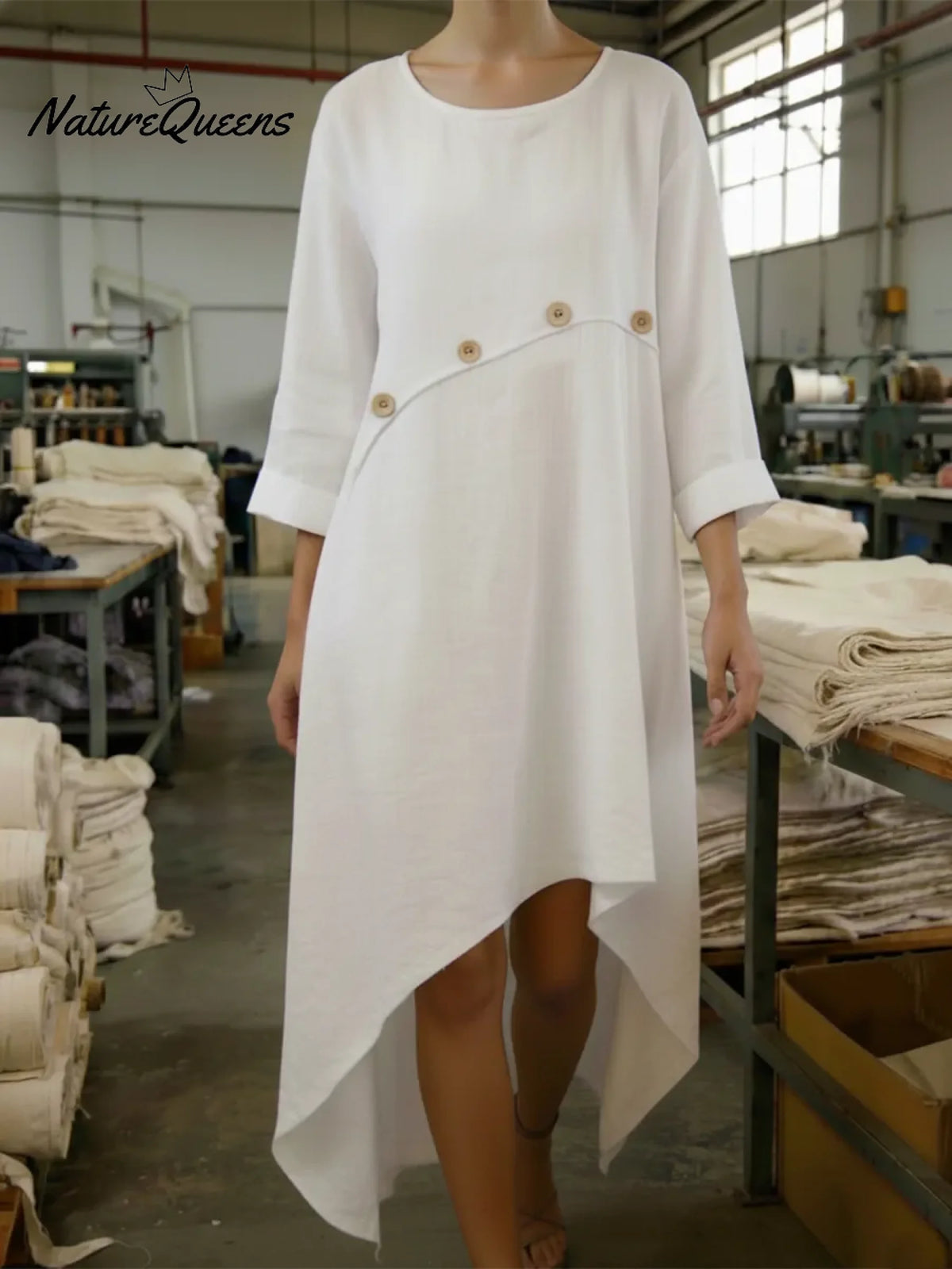 Cozy Patchwork Button-decorated Linen Dress