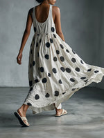 Women's Polka Dot Print V-neck Sleeveless Casual Loose Cotton-linen Dress