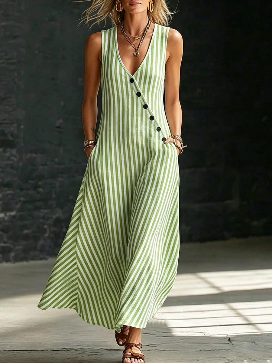 Cozy Classic Striped Button-front Cotton-linen Dress