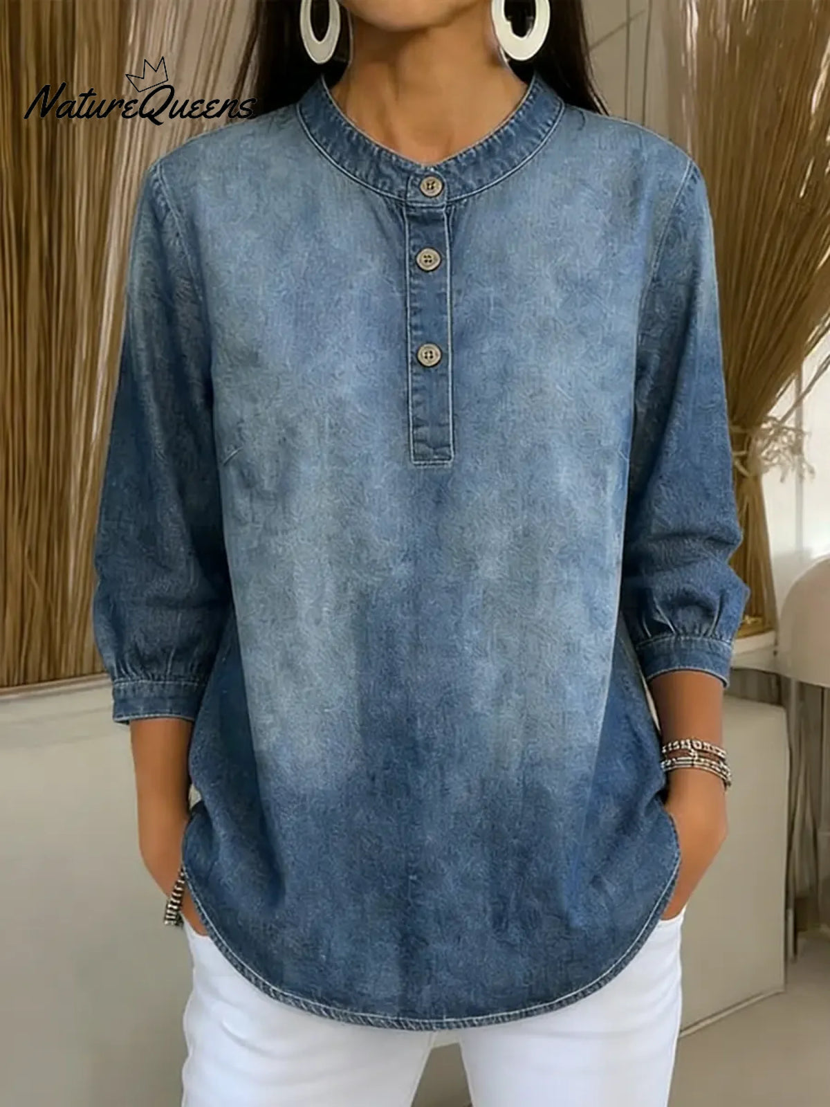 Women's Stand-collar 3/4 Sleeve Casual Loose Denim Pullover