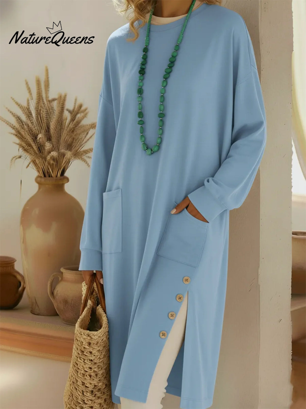 Casual Cozy Side-slit Button Cotton Sweatshirt Top