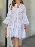 Women's Solid-color V-neck Loose-fit Dress With Embroidery And Cutout Lace