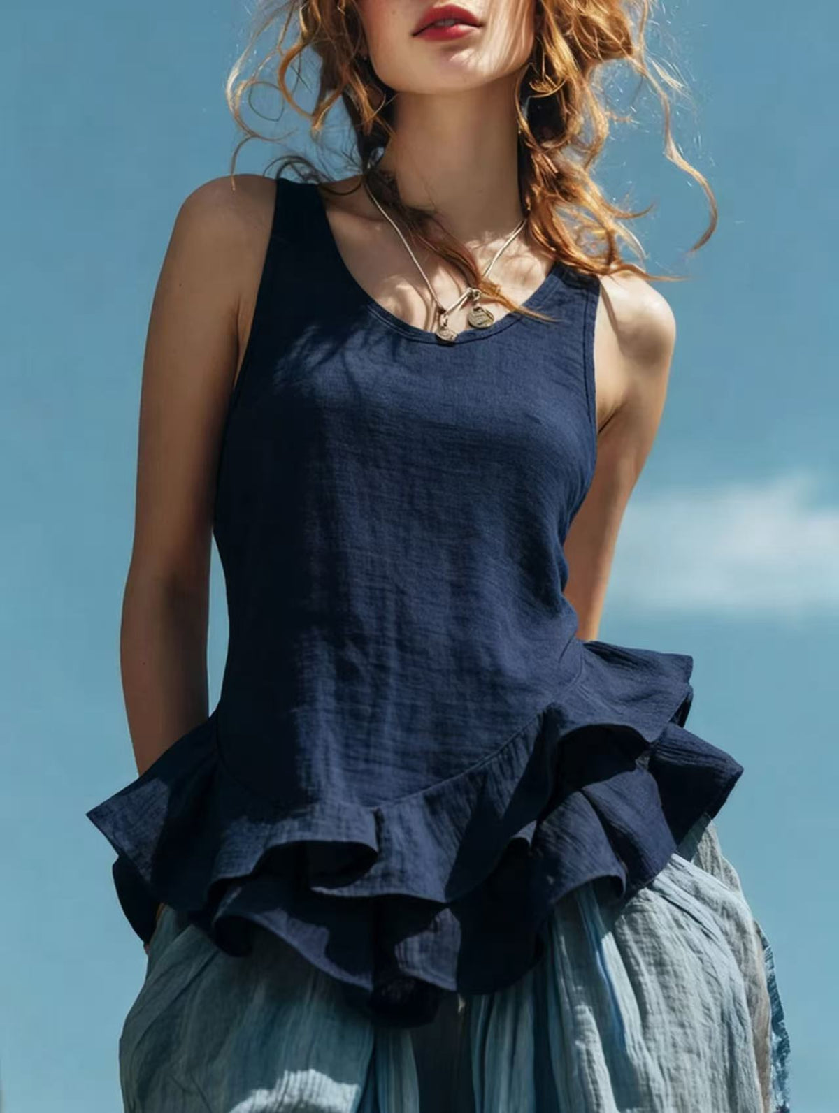 Women's Cotton And Linen Ruffle Sleeveless Vest