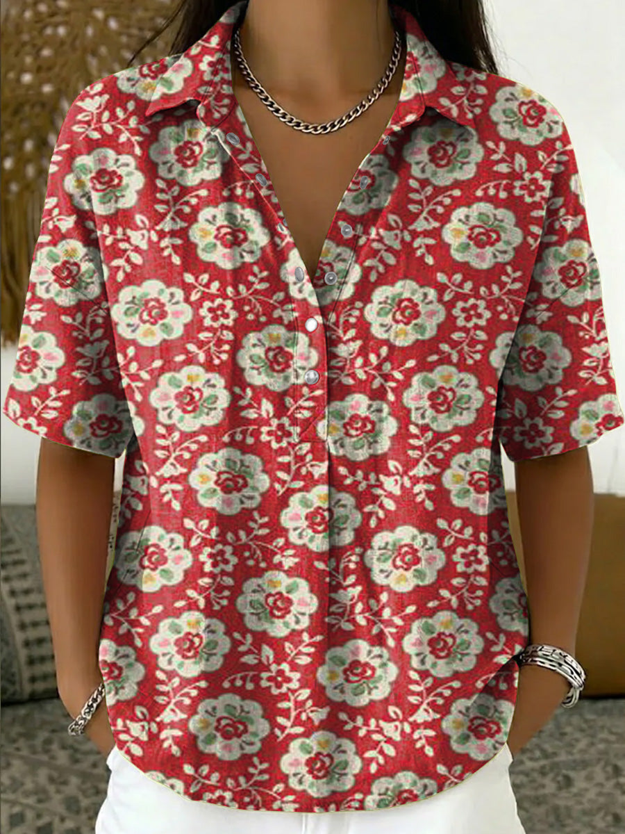 Women's Vintage Botanical Floral Print Half-placket Shirt
