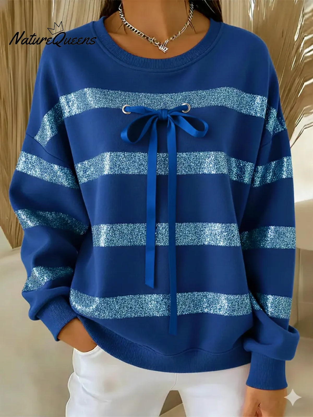 Women's Casual Striped Cotton Sweatshirt With Bow