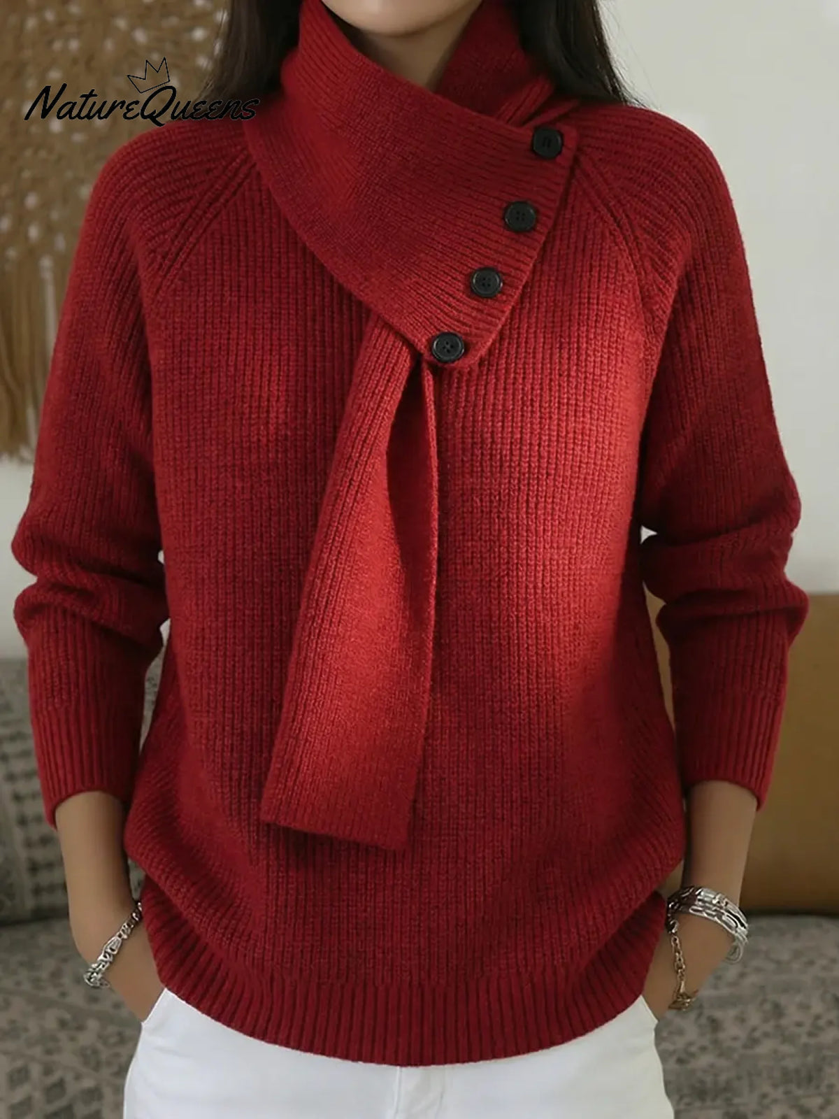 Women's Comfortable Pullover Sweater With Detachable Scarf.