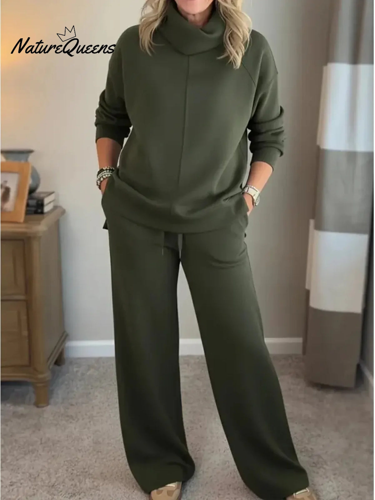 Women's Casual Turtleneck Cotton Sweatshirt And Pants Two-piece Set