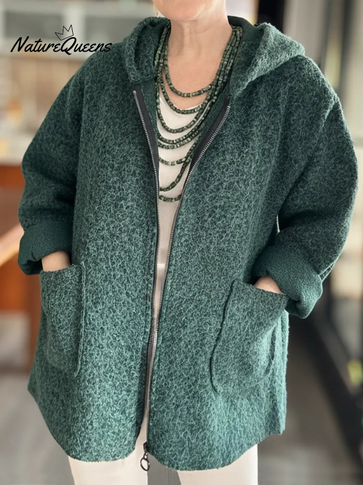 Women's Boucle Wool Blend Zip-up Hooded Jacket