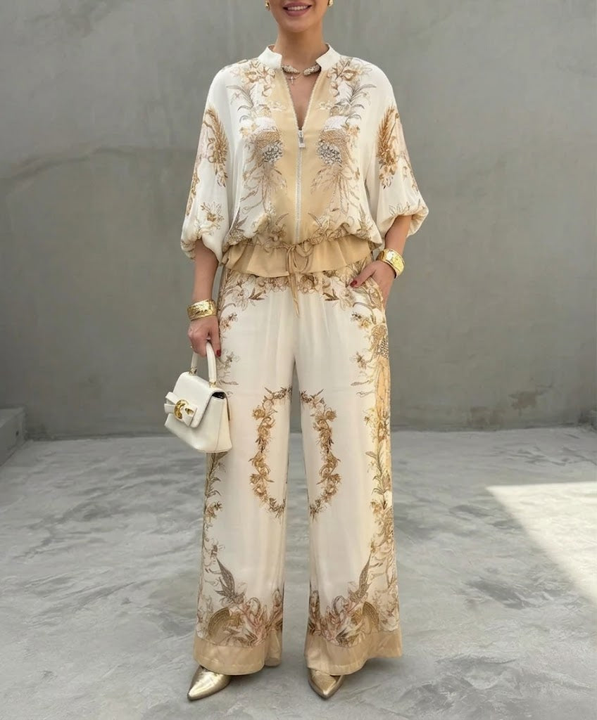 Stylish & Casual Retro-print Two-piece Set: Zip-up Top And Pants