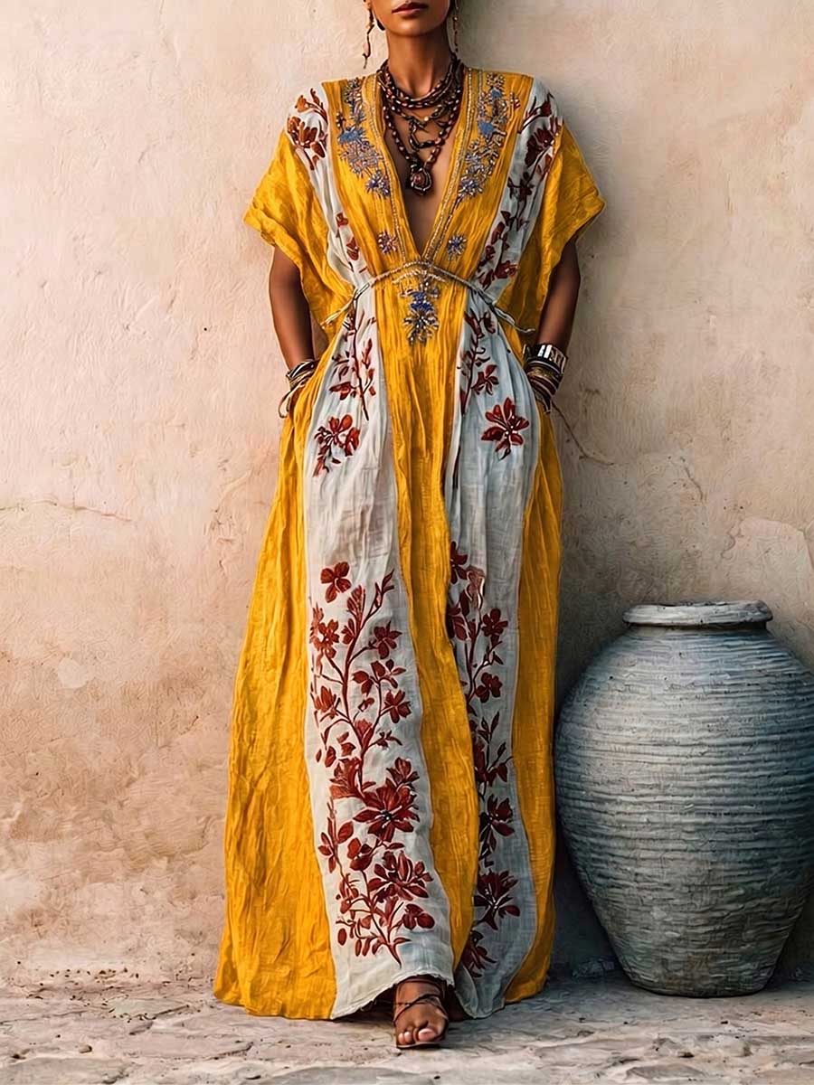 Women's Casual Loose Cotton-linen Dress With V-neck Short Sleeves And Placement Print