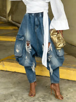 Women's Fashion Casual Elastic-waist Harem Wide-leg Jeans