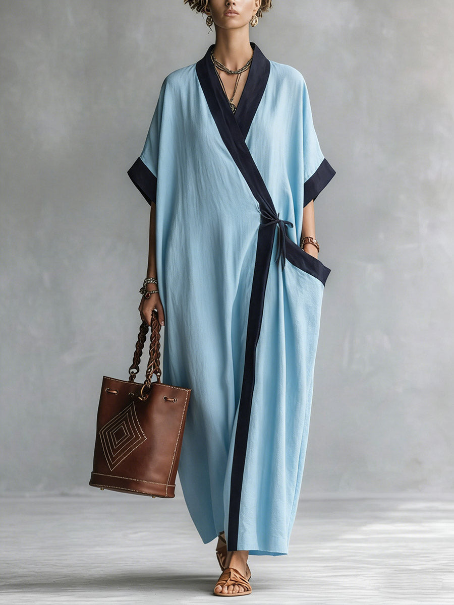 Women's V-neck 3/4 Sleeve Casual Loose Cotton Linen Dress