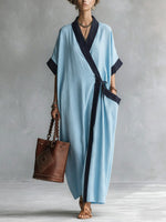 Women's V-neck 3/4 Sleeve Casual Loose Cotton Linen Dress