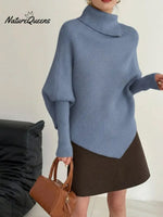 Women's Solid Color High-neck Batwing Sleeve Casual Loose Knit Sweater